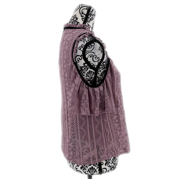 Lily White Mauve Lace Cold Shoulder w/ Black Ribbon Tie Romantic Boho Blouse - Picture 6 of 10